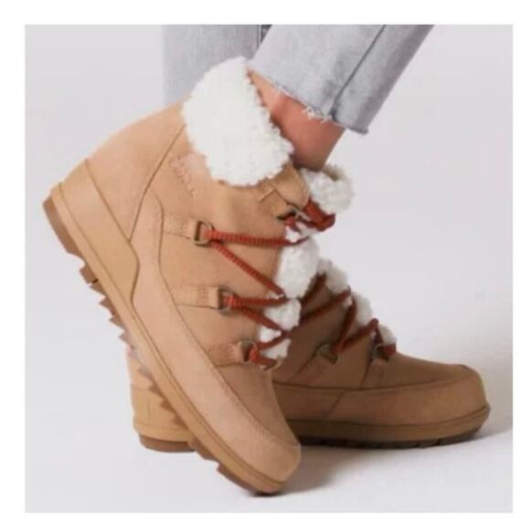 Sorel Women's Beige White Evie Cozy Suede Round Toe Lace Up Boots Size 7.5 - Picture 1 of 7